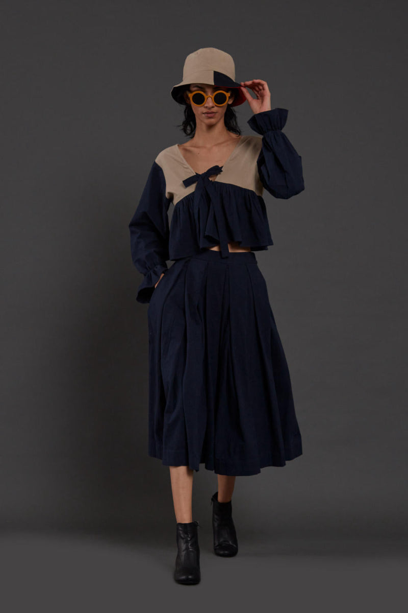 Navy Blue & Beige Bow Set Co-ord Set,Skirts,Top & Tunics by Mati for women Worldwide