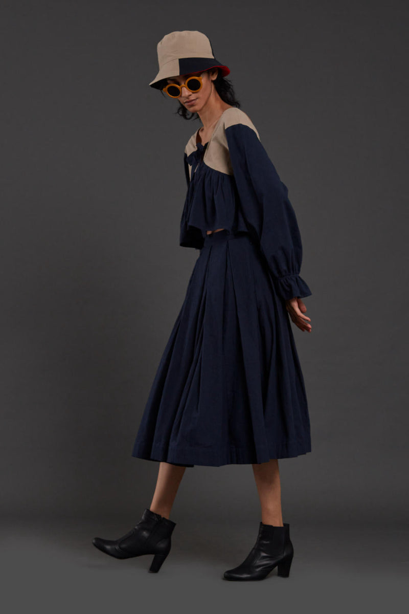 Navy Blue & Beige Bow Set Co-ord Set,Skirts,Top & Tunics by Mati for women Worldwide
