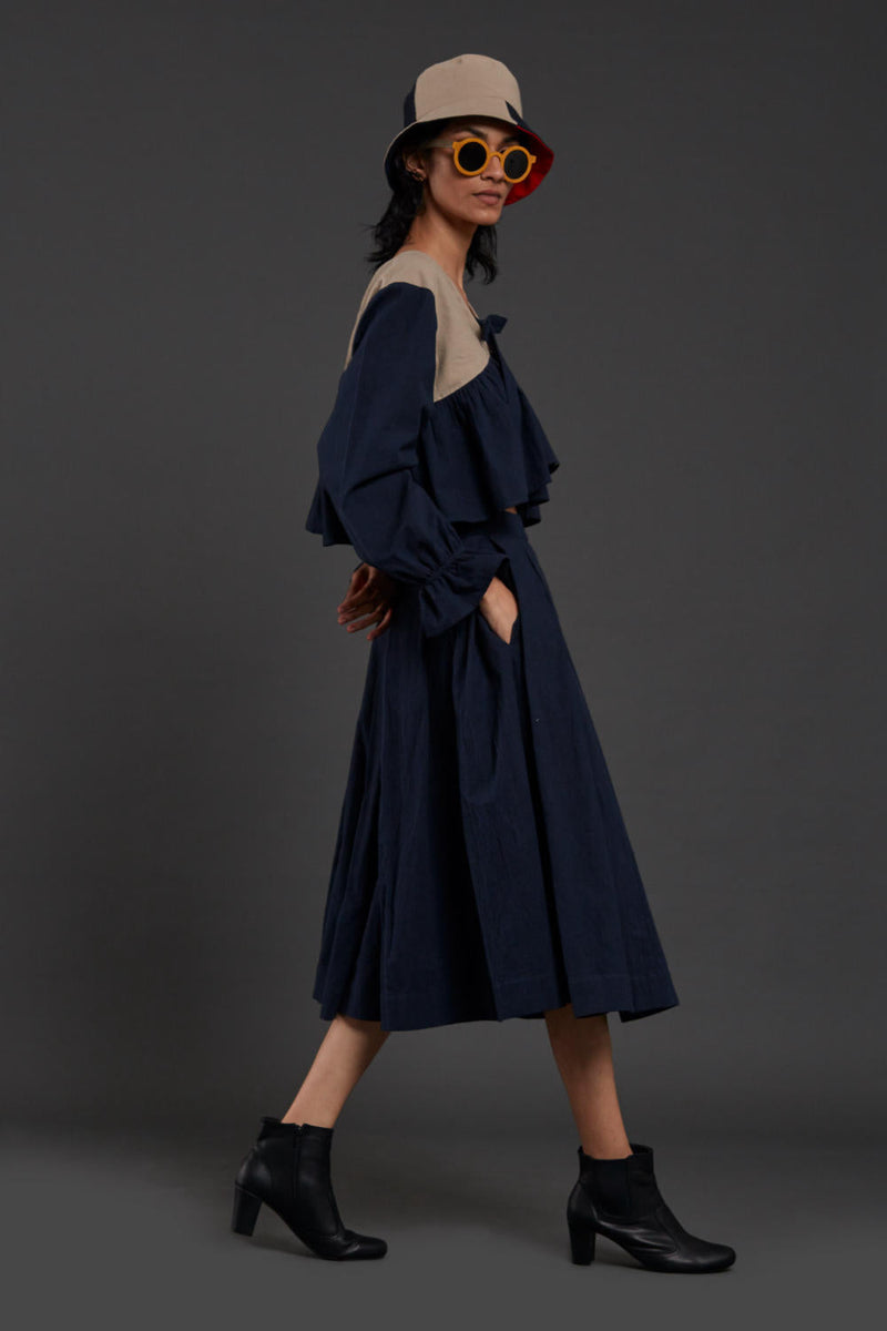 Navy Blue & Beige Bow Set Co-ord Set,Skirts,Top & Tunics by Mati for women Worldwide