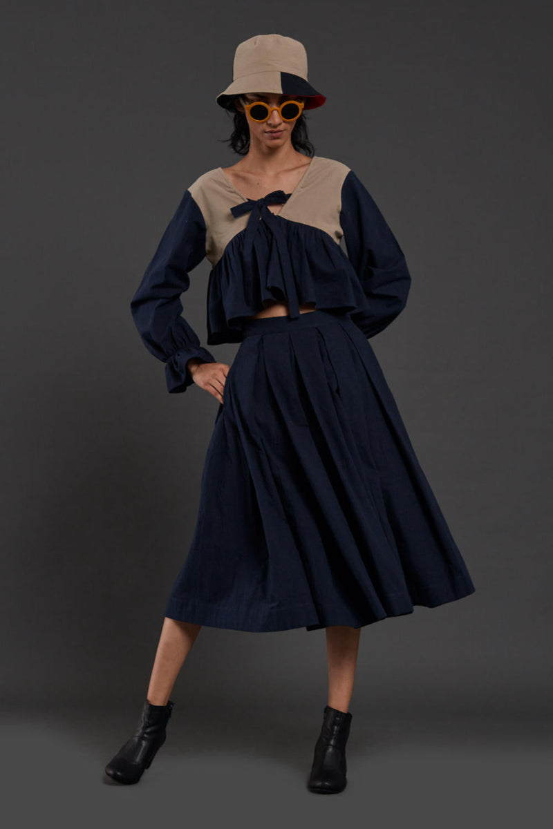 Navy Blue & Beige Bow Set Co-ord Set,Skirts,Top & Tunics by Mati for women Worldwide