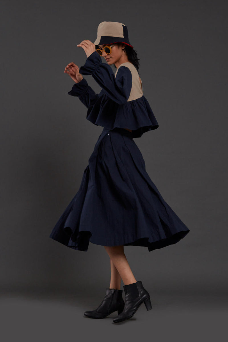 Navy Blue & Beige Bow Set Co-ord Set,Skirts,Top & Tunics by Mati for women Worldwide