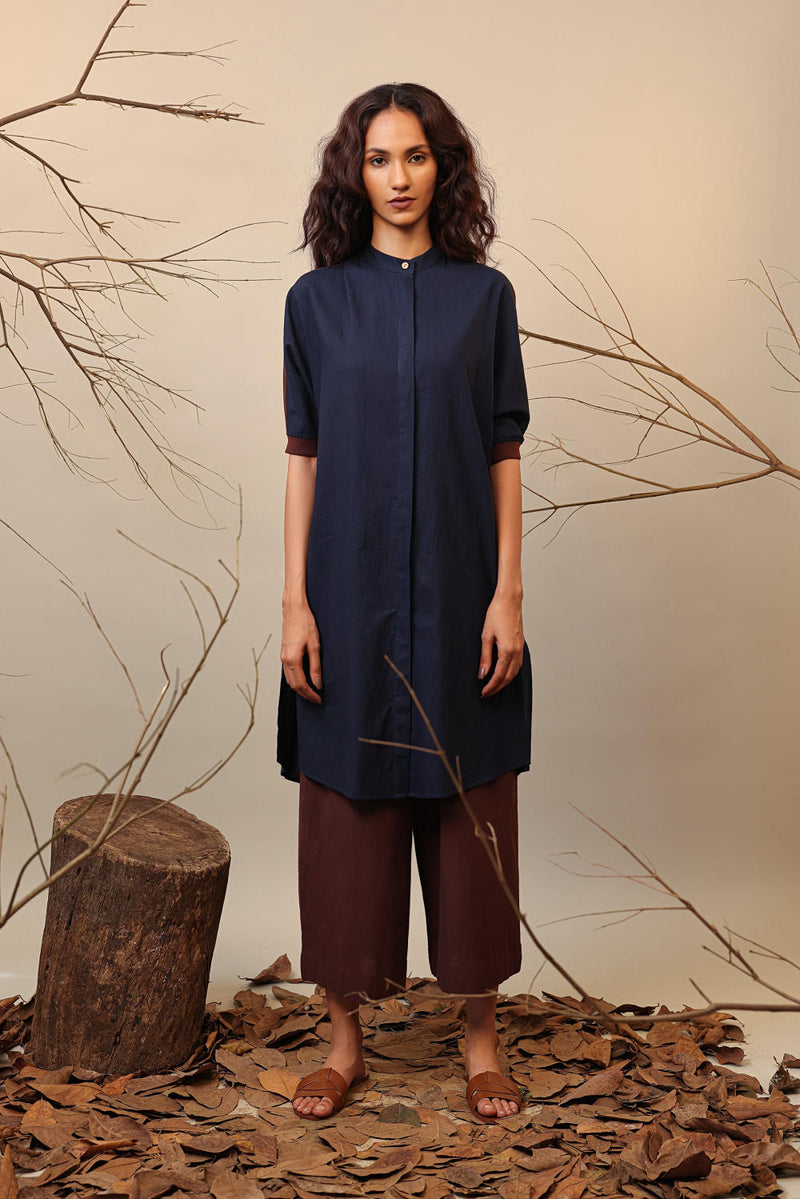 Blue & Brown Shirt Tunic 100% cotton by Mati in blue color for women Worldwide
