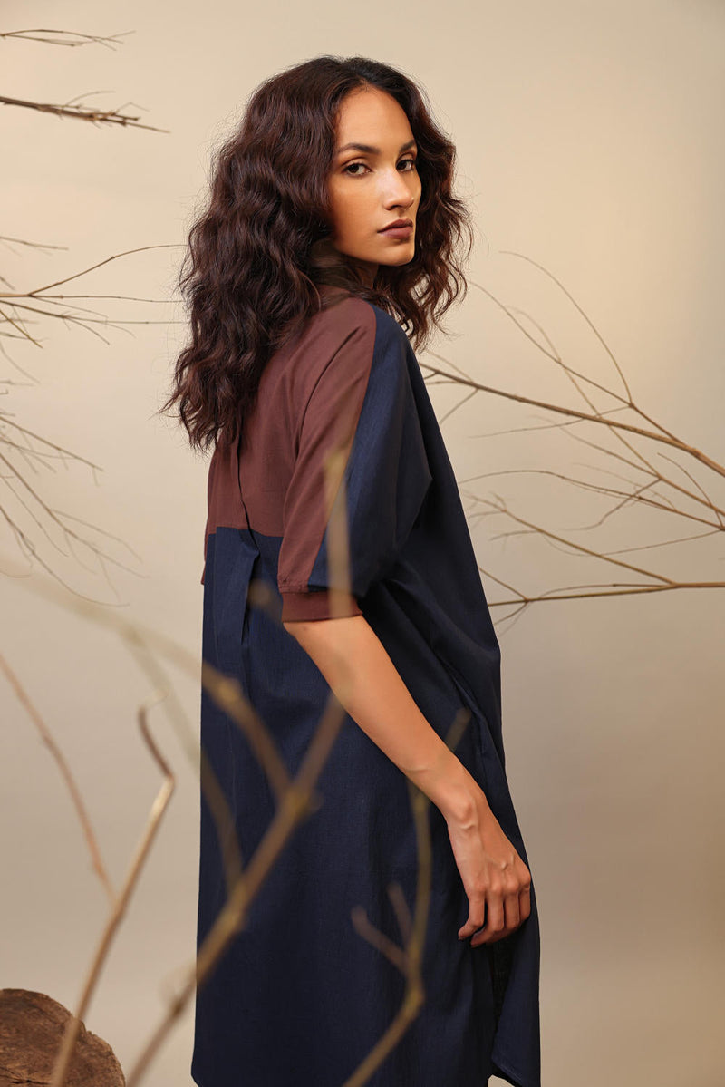 Blue & Brown Shirt Tunic 100% cotton by Mati in blue color for women Worldwide