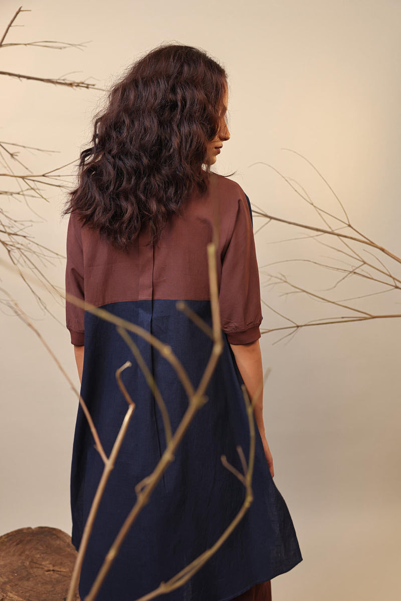 Blue & Brown Shirt Tunic 100% cotton by Mati in blue color for women Worldwide