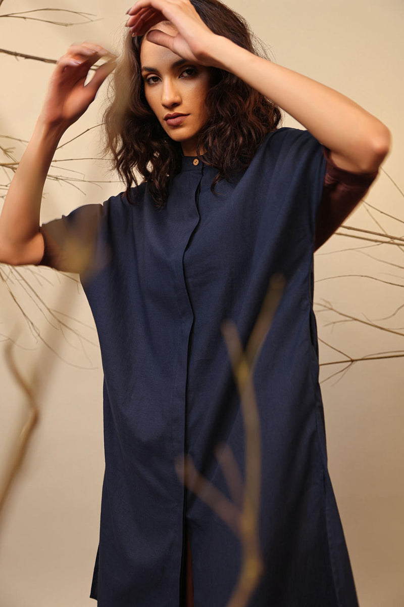 Blue & Brown Shirt Tunic 100% cotton by Mati in blue color for women Worldwide