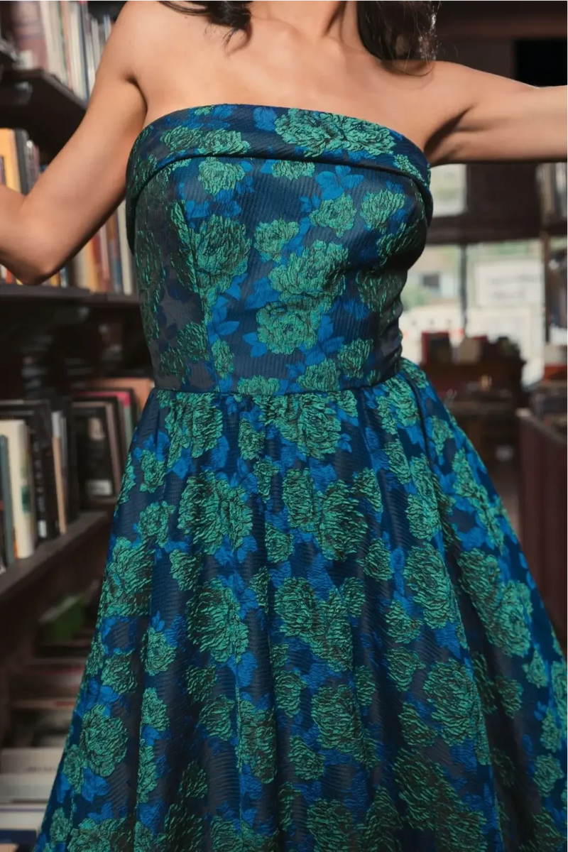 Blue and Green Brocade Strapless A Line Midi Dress brocade by Mac Duggal in multi color for women Worldwide