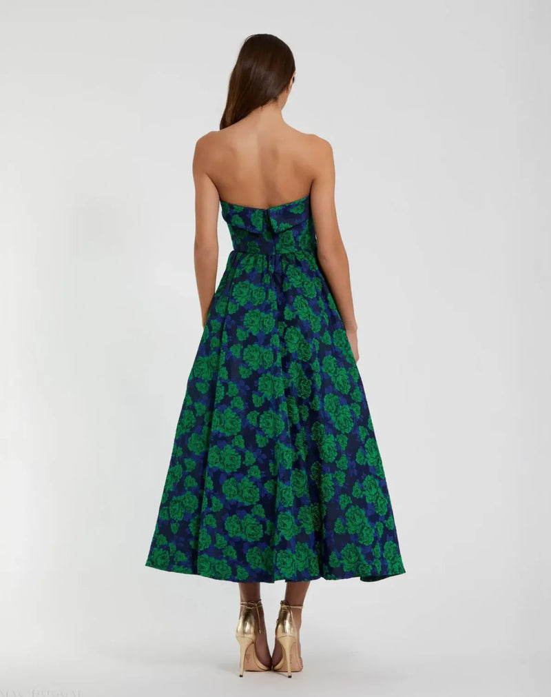 Blue and Green Brocade Strapless A Line Midi Dress brocade by Mac Duggal in multi color for women Worldwide