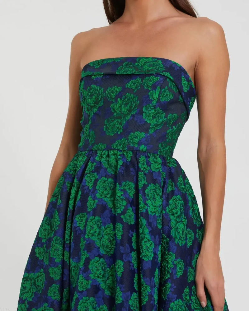 Blue and Green Brocade Strapless A Line Midi Dress brocade by Mac Duggal in multi color for women Worldwide