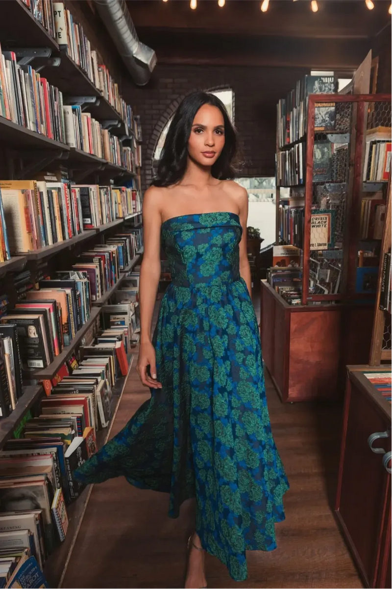 Blue and Green Brocade Strapless A Line Midi Dress brocade by Mac Duggal in multi color for women Worldwide