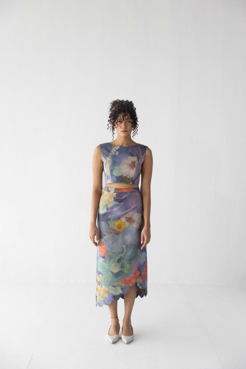 BLUEBERRY SCALLOP SKIRT & TOP satin by Yam in blue color for women Worldwide