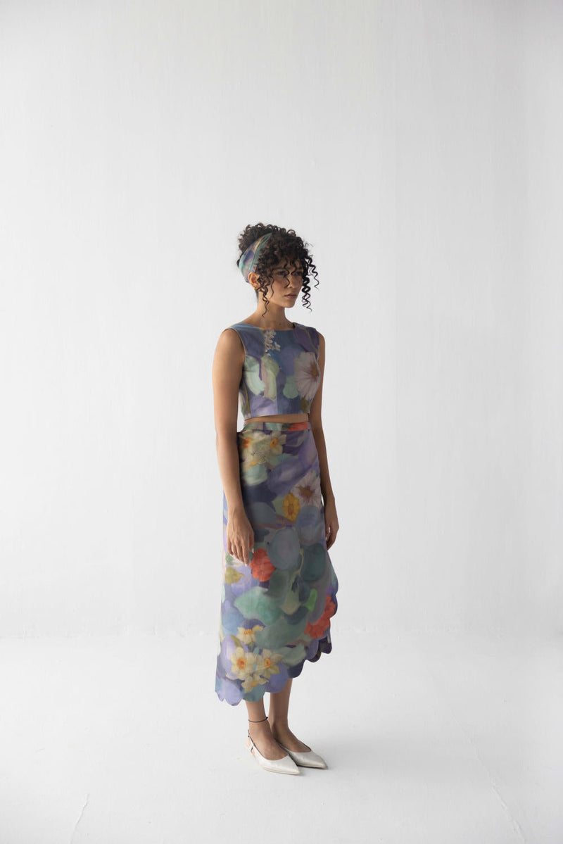 BLUEBERRY SCALLOP SKIRT & TOP satin by Yam in blue color for women Worldwide