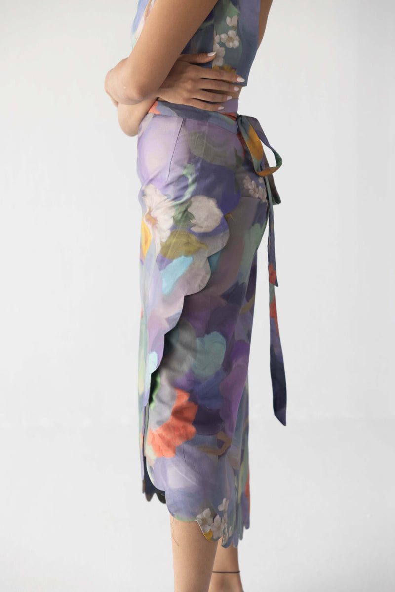 BLUEBERRY SCALLOP SKIRT & TOP satin by Yam in blue color for women Worldwide