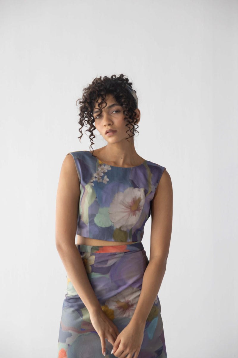 BLUEBERRY SCALLOP SKIRT & TOP satin by Yam in blue color for women Worldwide