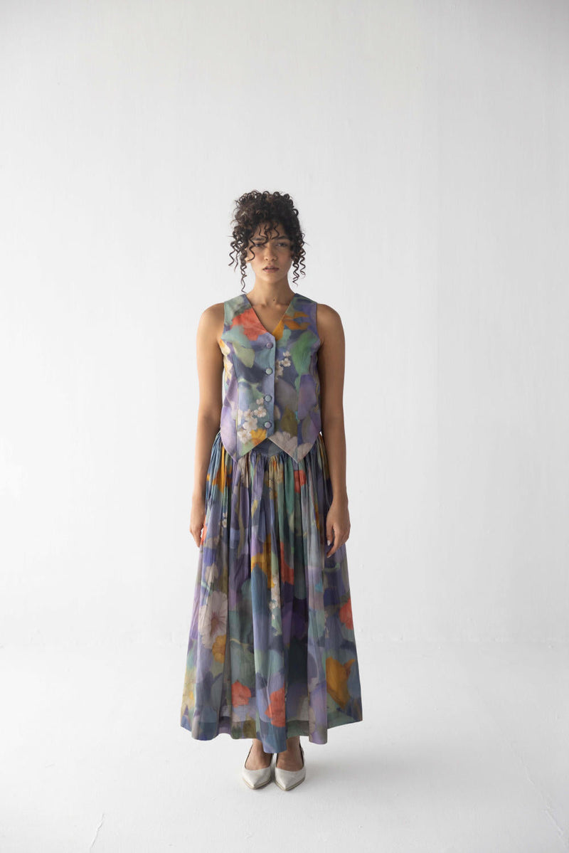 BLUEBERRY WAISTCOAT & SKIRT SET cotton by Yam in blue color for women Worldwide