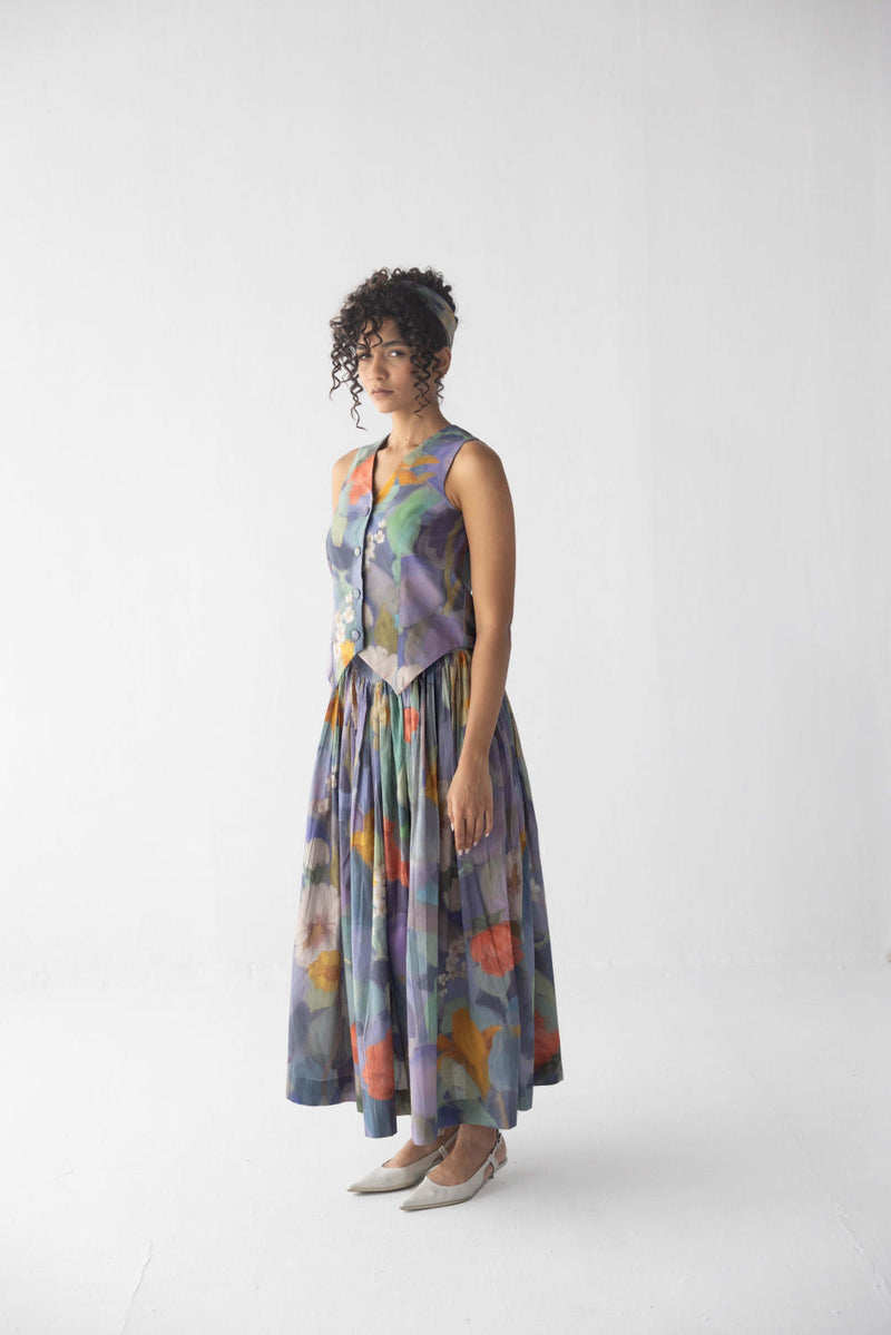 BLUEBERRY WAISTCOAT & SKIRT SET cotton by Yam in blue color for women Worldwide