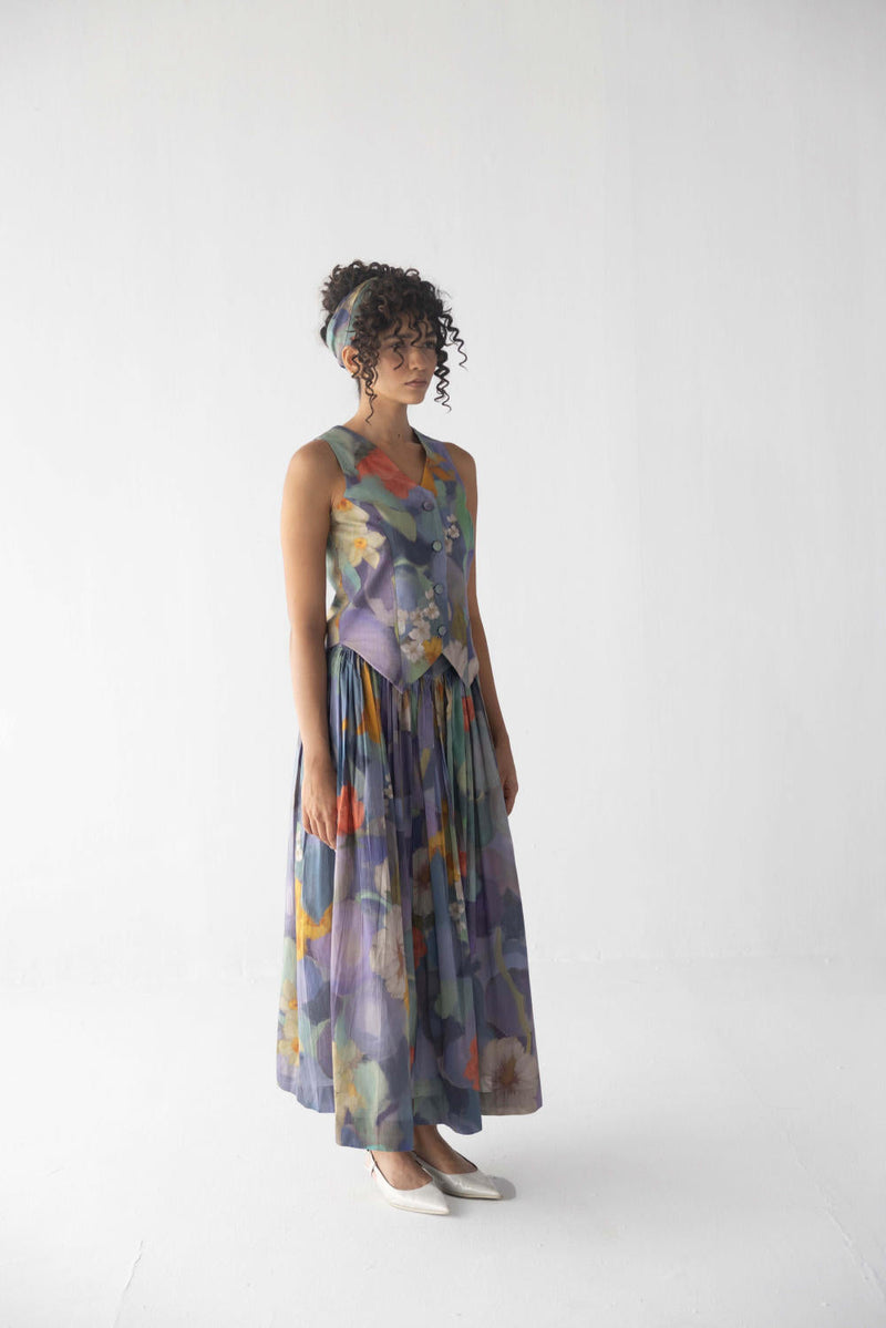 BLUEBERRY WAISTCOAT & SKIRT SET cotton by Yam in blue color for women Worldwide
