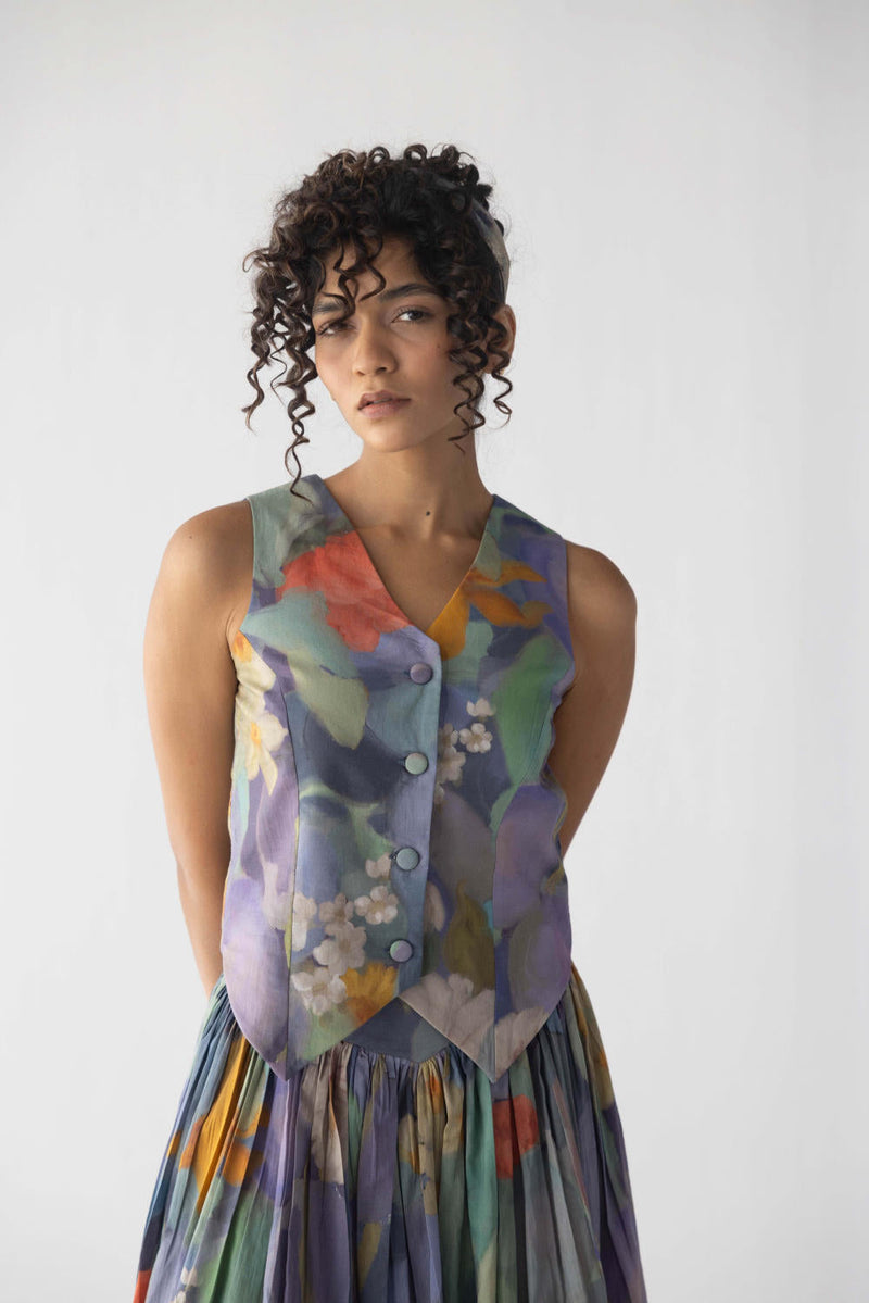 BLUEBERRY WAISTCOAT & SKIRT SET cotton by Yam in blue color for women Worldwide