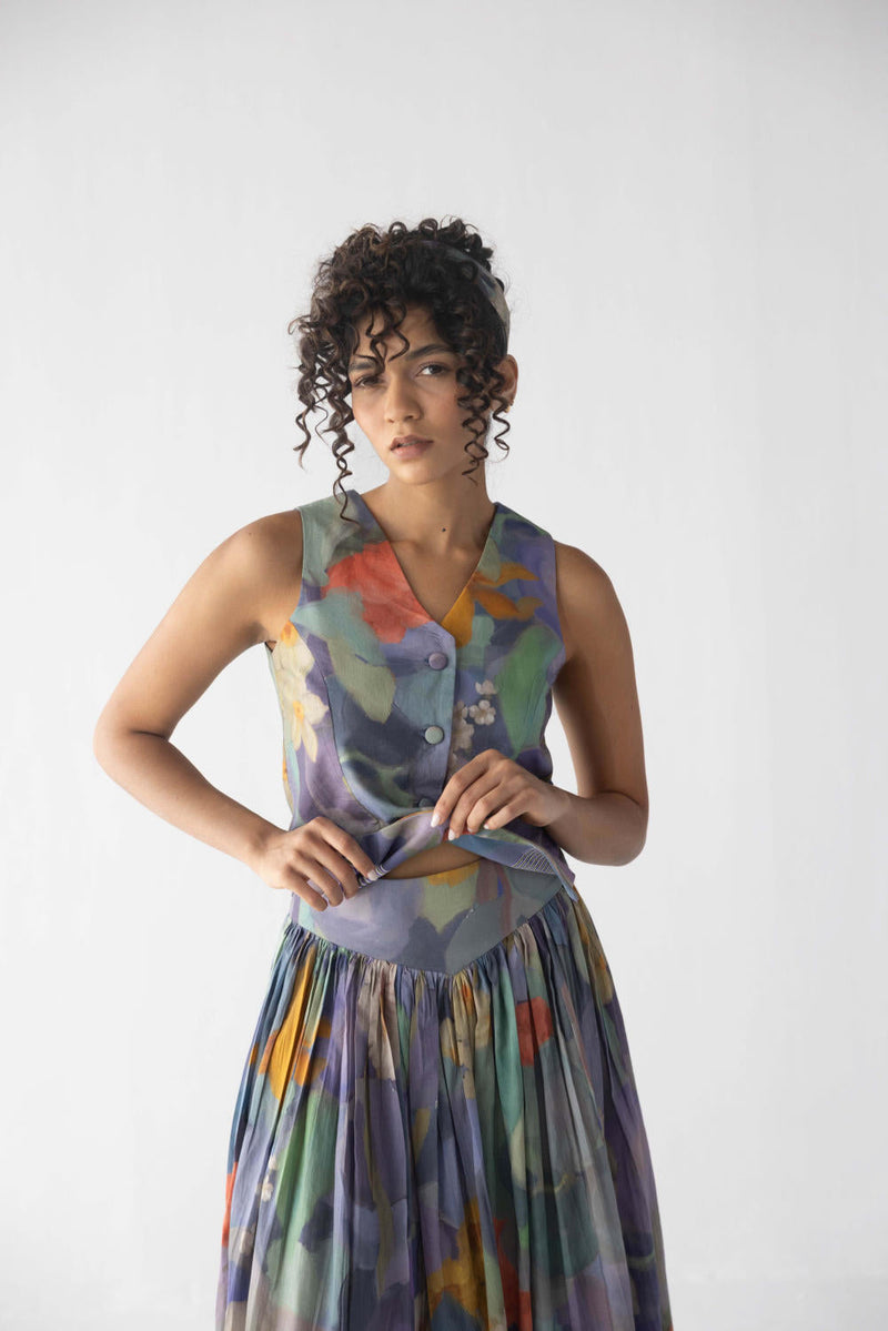 BLUEBERRY WAISTCOAT & SKIRT SET cotton by Yam in blue color for women Worldwide