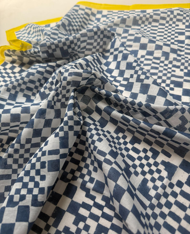 Blue check Bandana hand block printed cotton scarve/stole by World of Crow in blue for women Worldwide