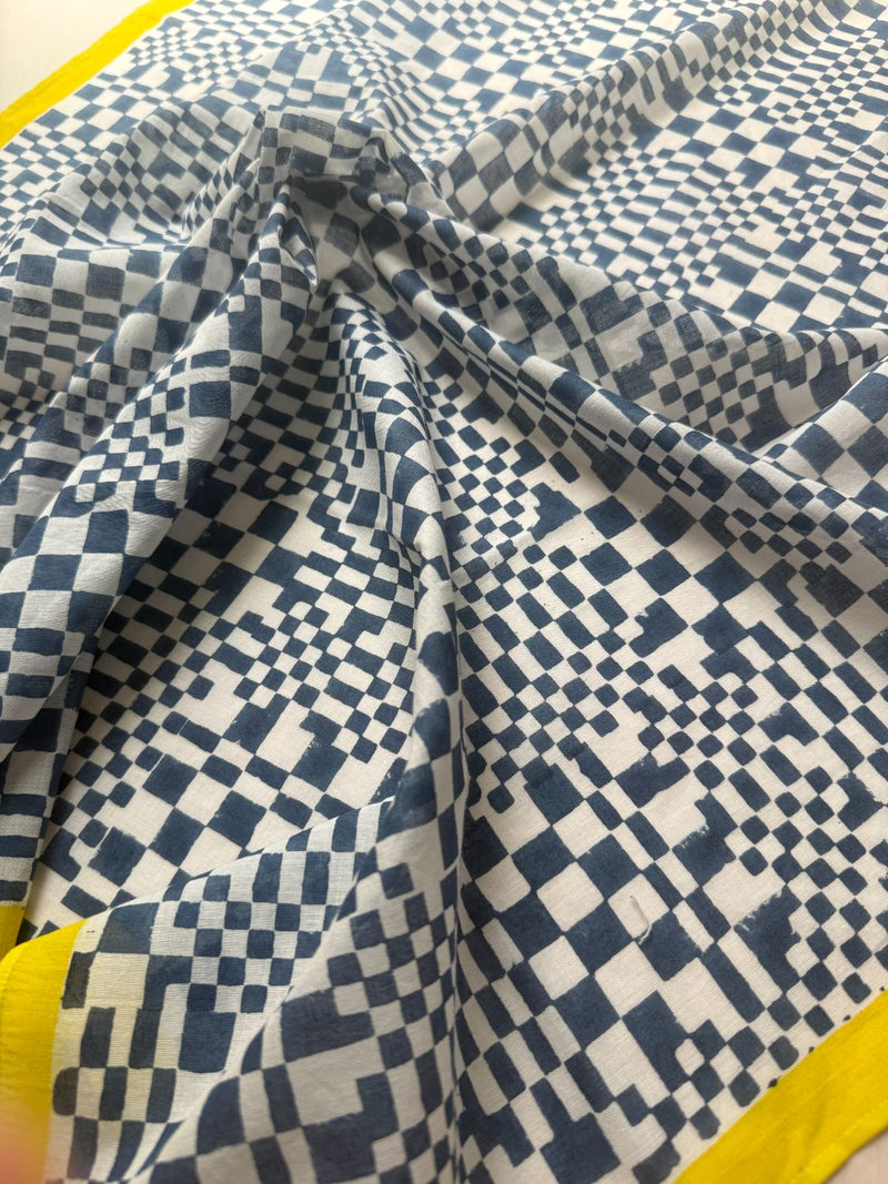Blue check Bandana hand block printed cotton scarve/stole by World of Crow in blue for women Worldwide