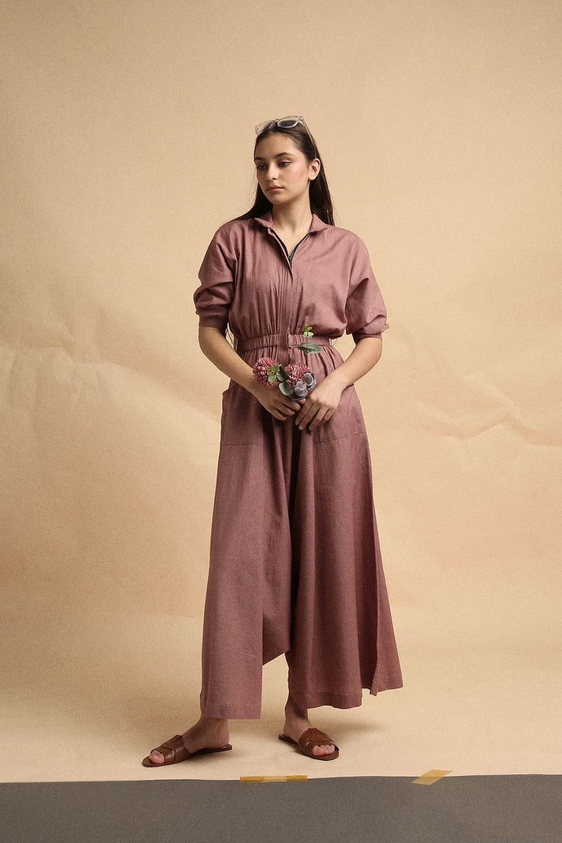 Blush Collar Sphara Jumpsuit 100% cotton by Mati in blush color for women Worldwide