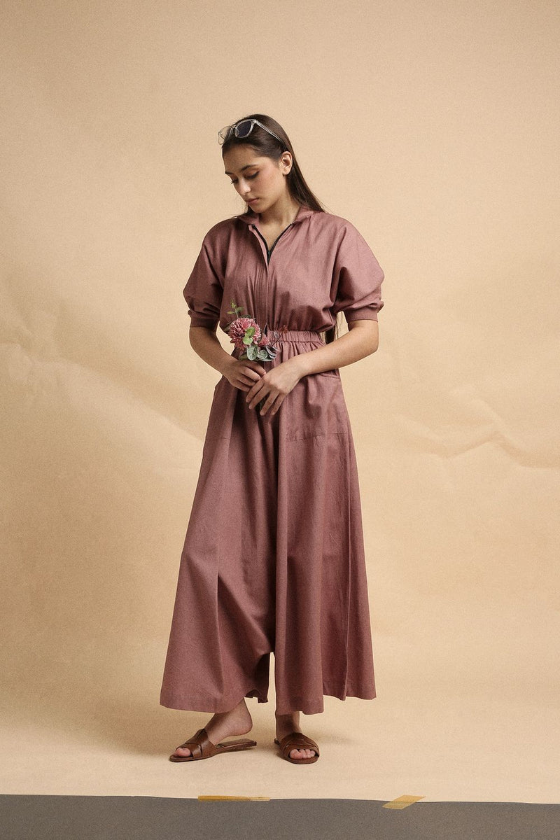 Blush Collar Sphara Jumpsuit 100% cotton by Mati in blush color for women Worldwide