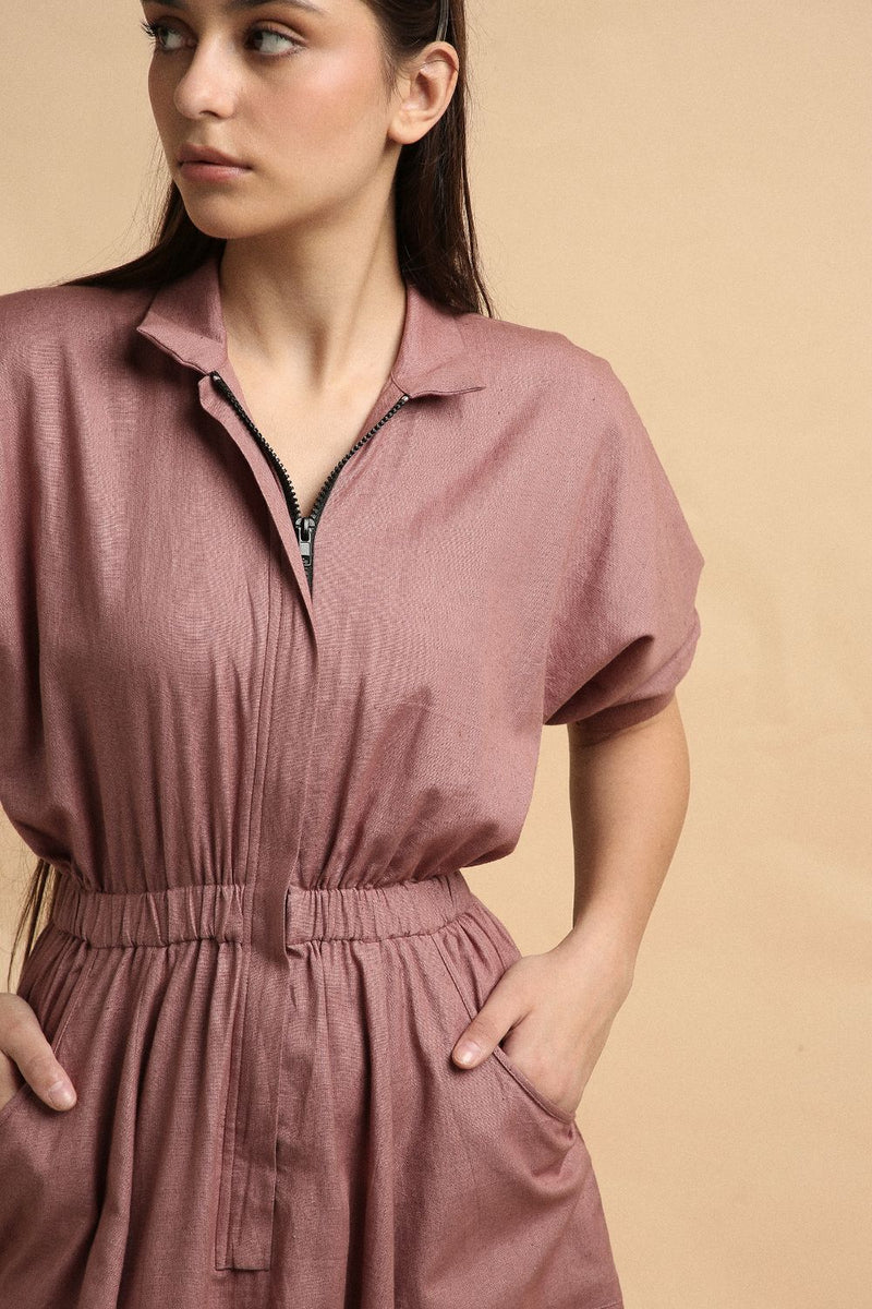 Blush Collar Sphara Jumpsuit 100% cotton by Mati in blush color for women Worldwide