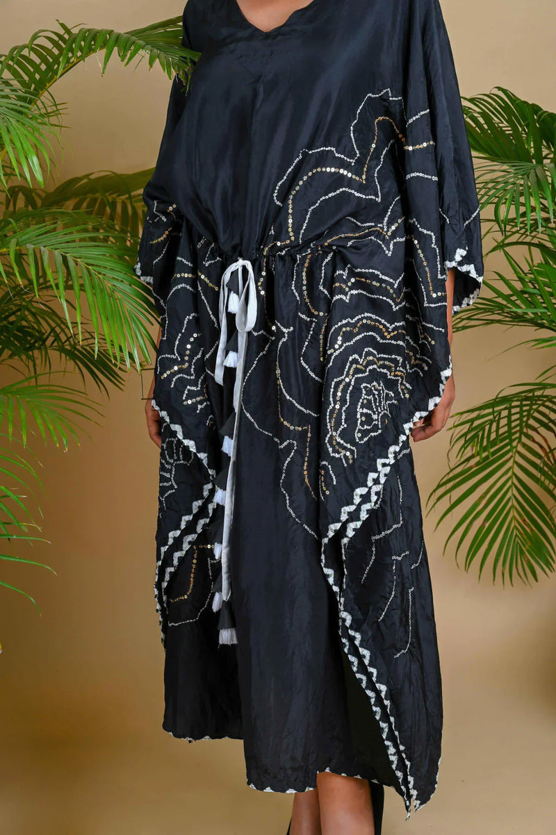 BOHEMIAN KAFTAN-BLACK silk by Dyelogue in black color for women Worldwide