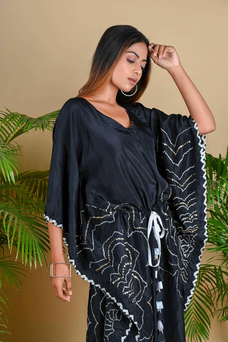 BOHEMIAN KAFTAN-BLACK silk by Dyelogue in black color for women Worldwide