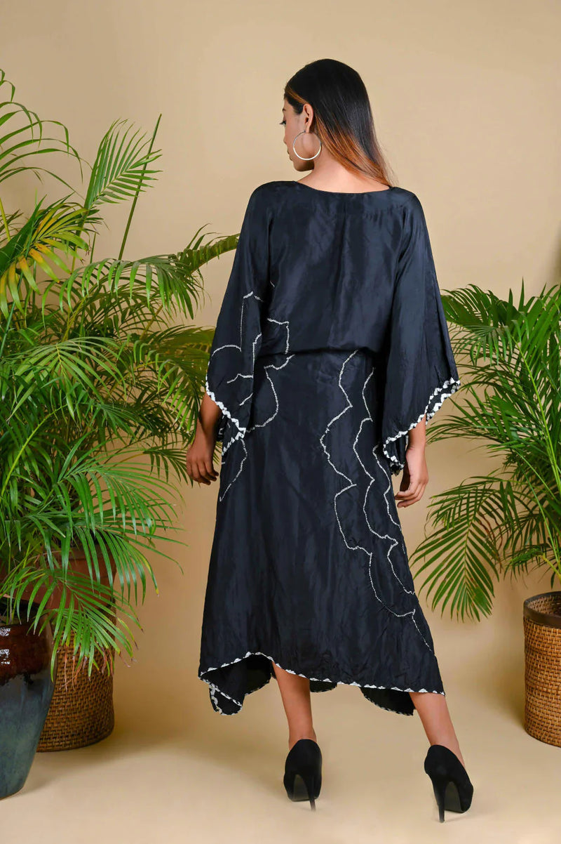 BOHEMIAN KAFTAN-BLACK silk by Dyelogue in black color for women Worldwide