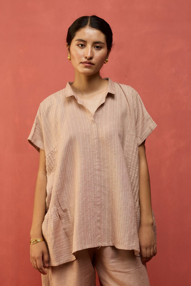 Bonnie Pleated Stripe Linen Top - Dusty Rose by Manan for Worldwide