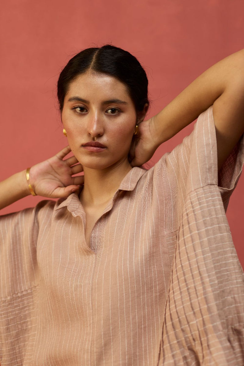 Bonnie Pleated Stripe Linen Top - Dusty Rose by Manan for Worldwide