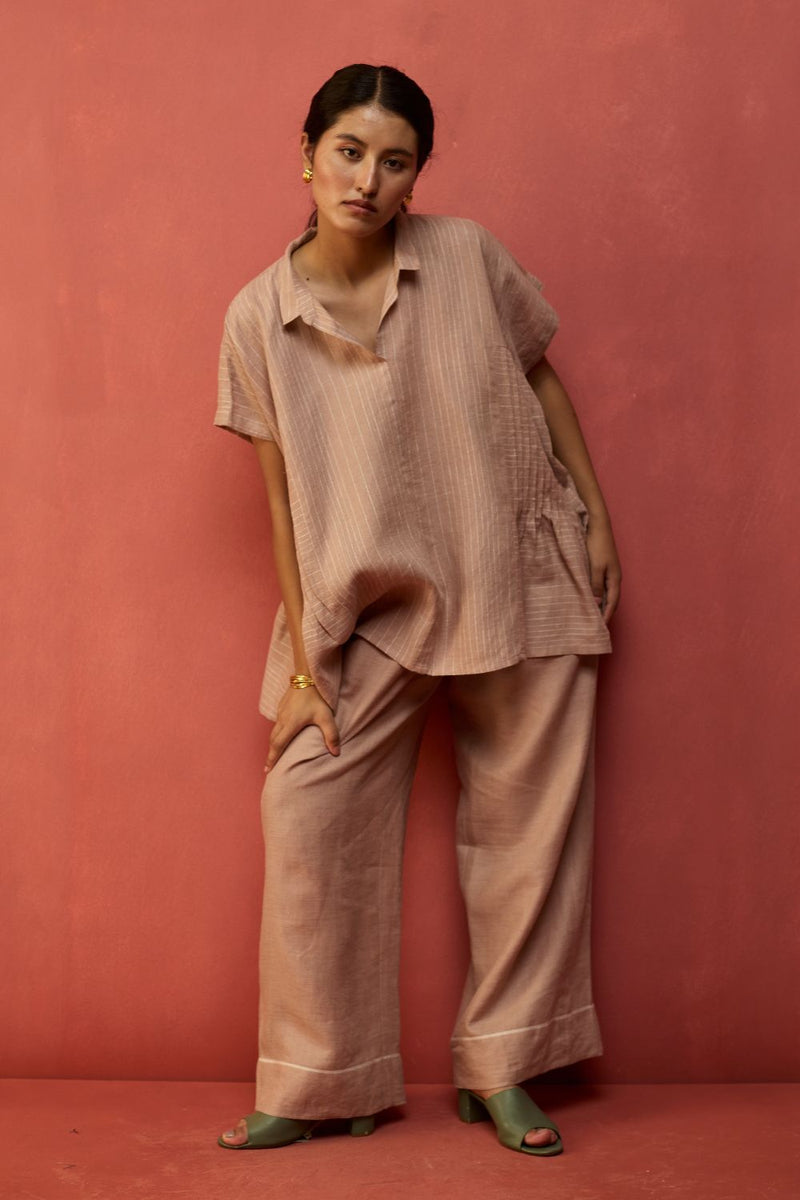 Bonnie Pleated Stripe Linen Top - Dusty Rose by Manan for Worldwide
