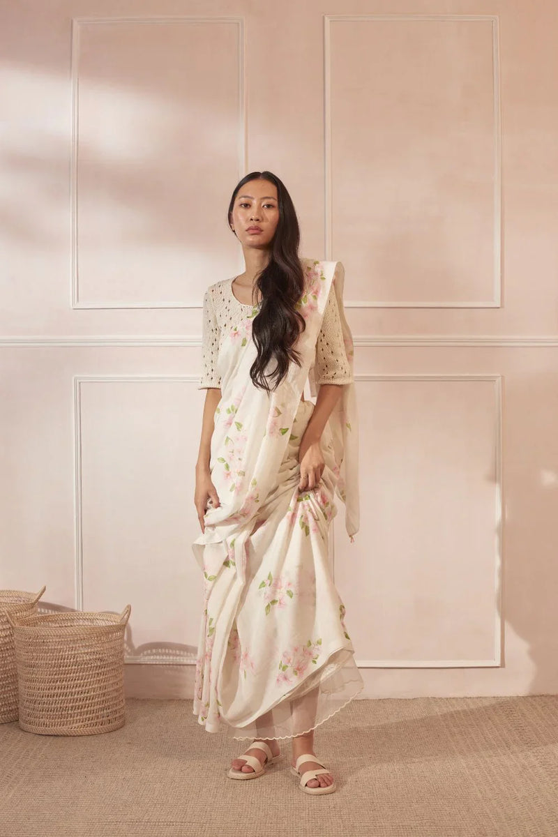 Bougainvillea Handspun and Handwoven Cotton Sari cotton by Nadiya Paar in white color for women Worldwide