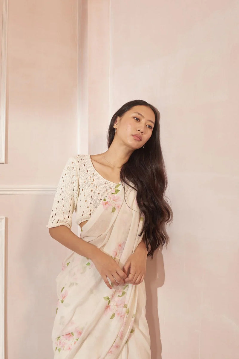 Bougainvillea Handspun and Handwoven Cotton Sari cotton by Nadiya Paar in white color for women Worldwide
