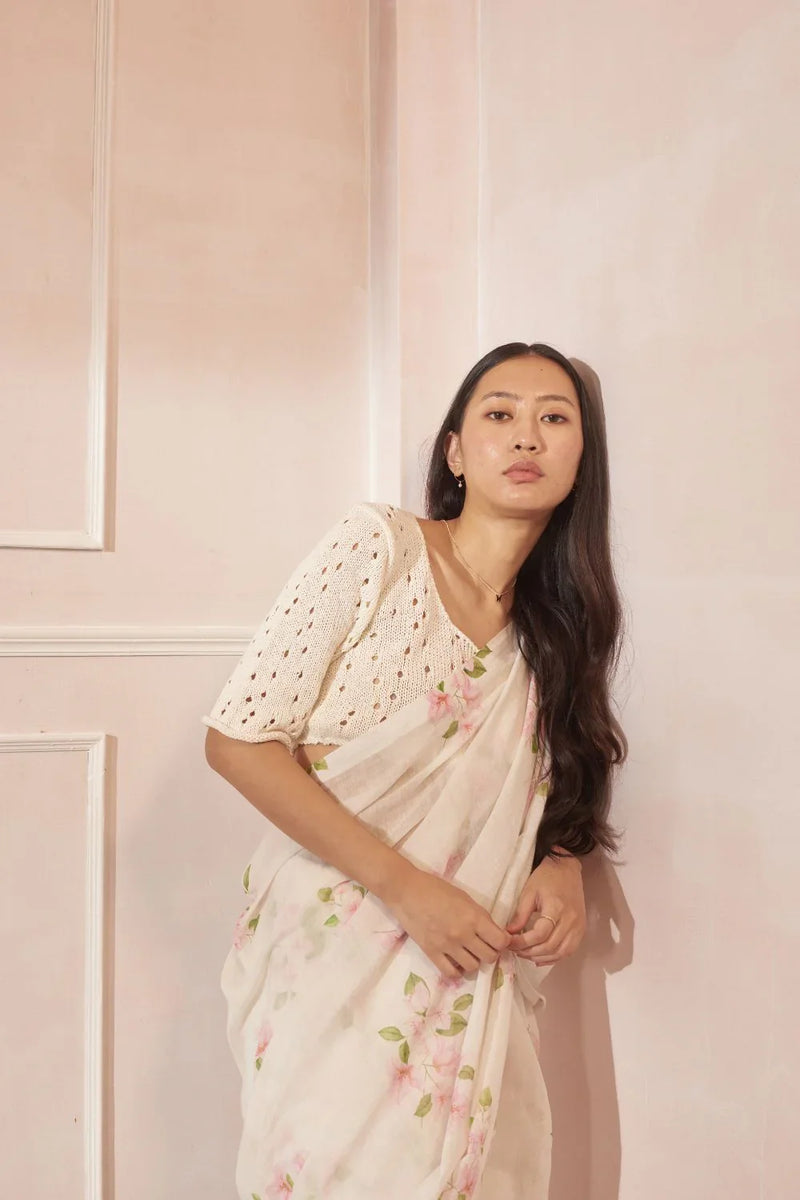 Bougainvillea Handspun and Handwoven Cotton Sari cotton by Nadiya Paar in white color for women Worldwide