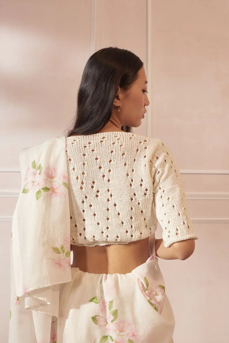 Bougainvillea Handspun and Handwoven Cotton Sari cotton by Nadiya Paar in white color for women Worldwide