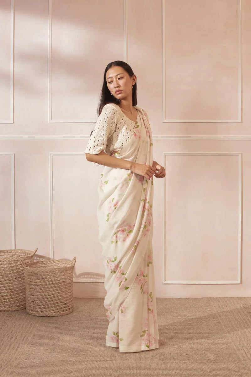 Bougainvillea Handspun and Handwoven Cotton Sari cotton by Nadiya Paar in white color for women Worldwide