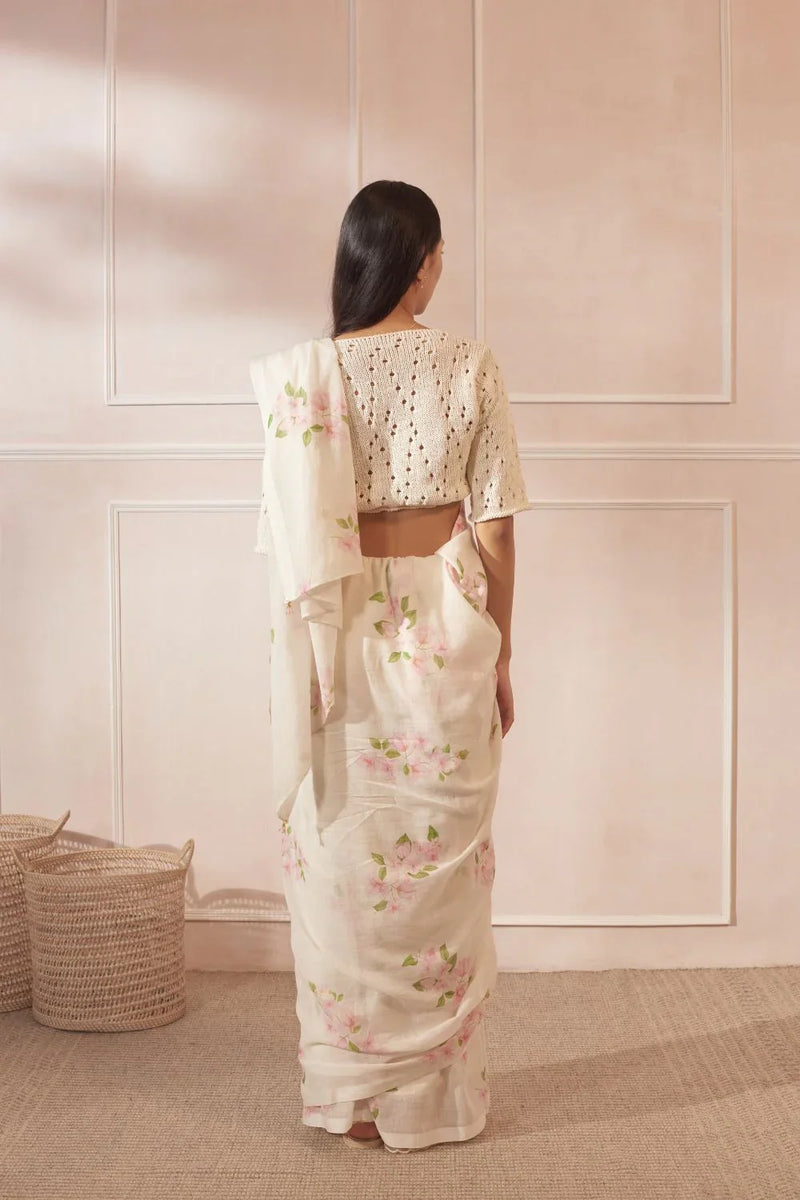 Bougainvillea Handspun and Handwoven Cotton Sari cotton by Nadiya Paar in white color for women Worldwide