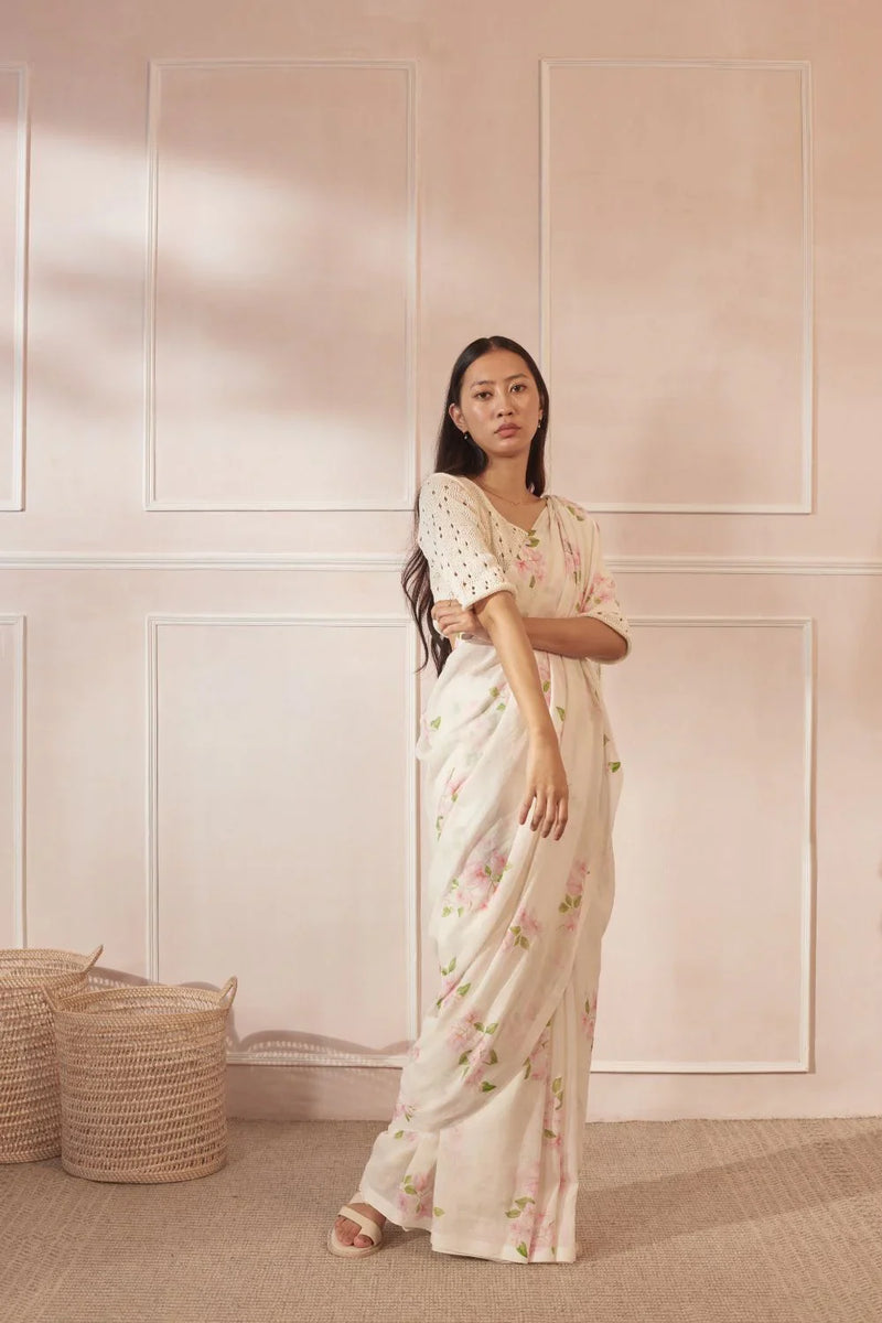 Bougainvillea Handspun and Handwoven Cotton Sari cotton by Nadiya Paar in white color for women Worldwide