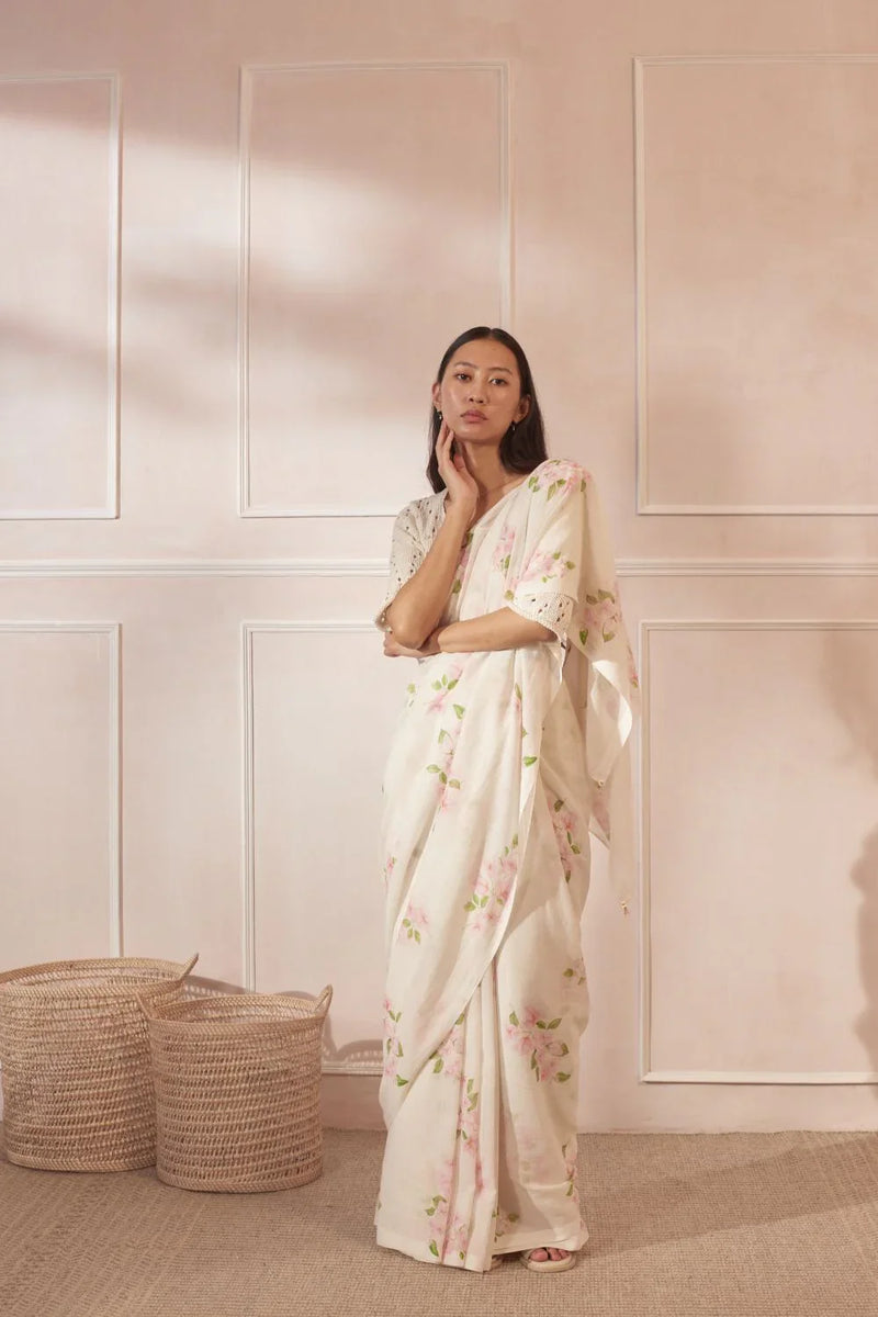 Bougainvillea Handspun and Handwoven Cotton Sari cotton by Nadiya Paar in white color for women Worldwide
