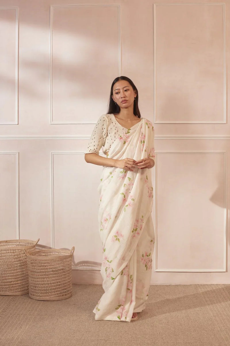 Bougainvillea Handspun and Handwoven Cotton Sari cotton by Nadiya Paar in white color for women Worldwide