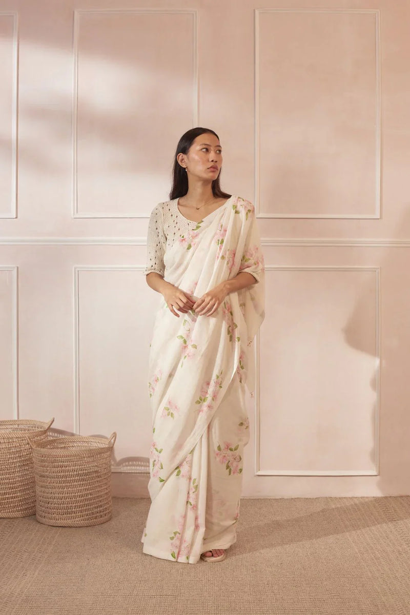 Bougainvillea Handspun and Handwoven Cotton Sari cotton by Nadiya Paar in white color for women Worldwide