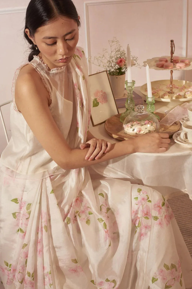 Bougainvillea Mulberry Organza Silk Sari silk by Nadiya Paar in white color for women Worldwide