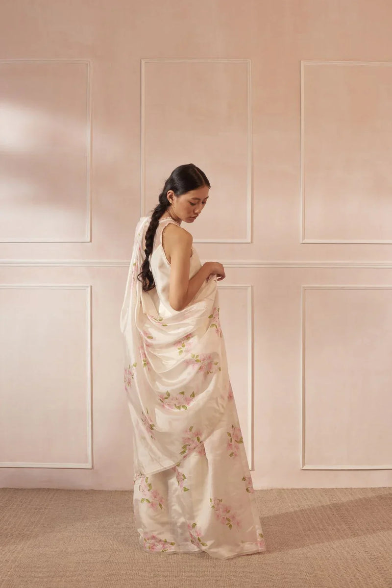 Bougainvillea Mulberry Organza Silk Sari silk by Nadiya Paar in white color for women Worldwide
