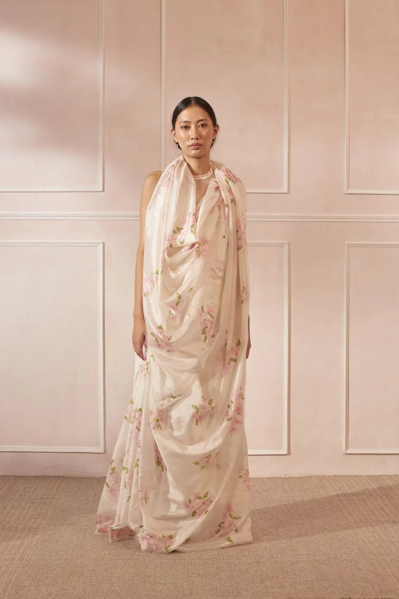 Bougainvillea Mulberry Organza Silk Sari silk by Nadiya Paar in white color for women Worldwide