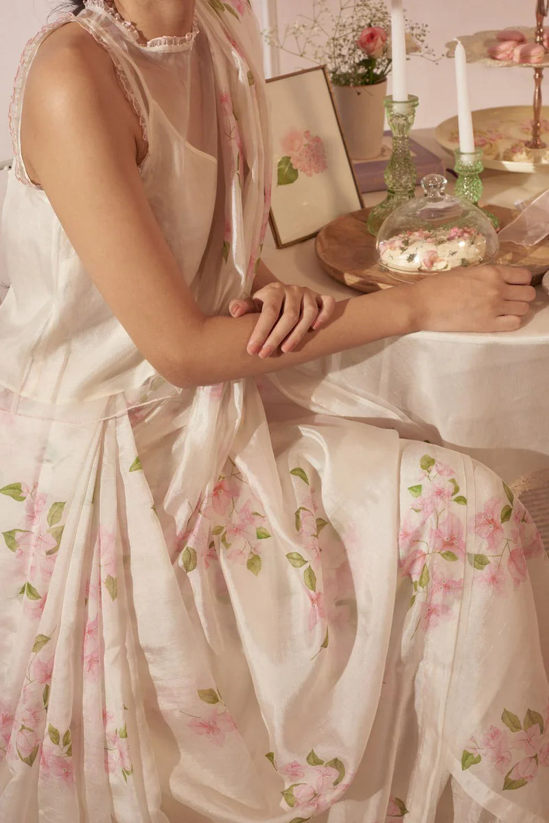Bougainvillea Mulberry Organza Silk Sari silk by Nadiya Paar in white color for women Worldwide