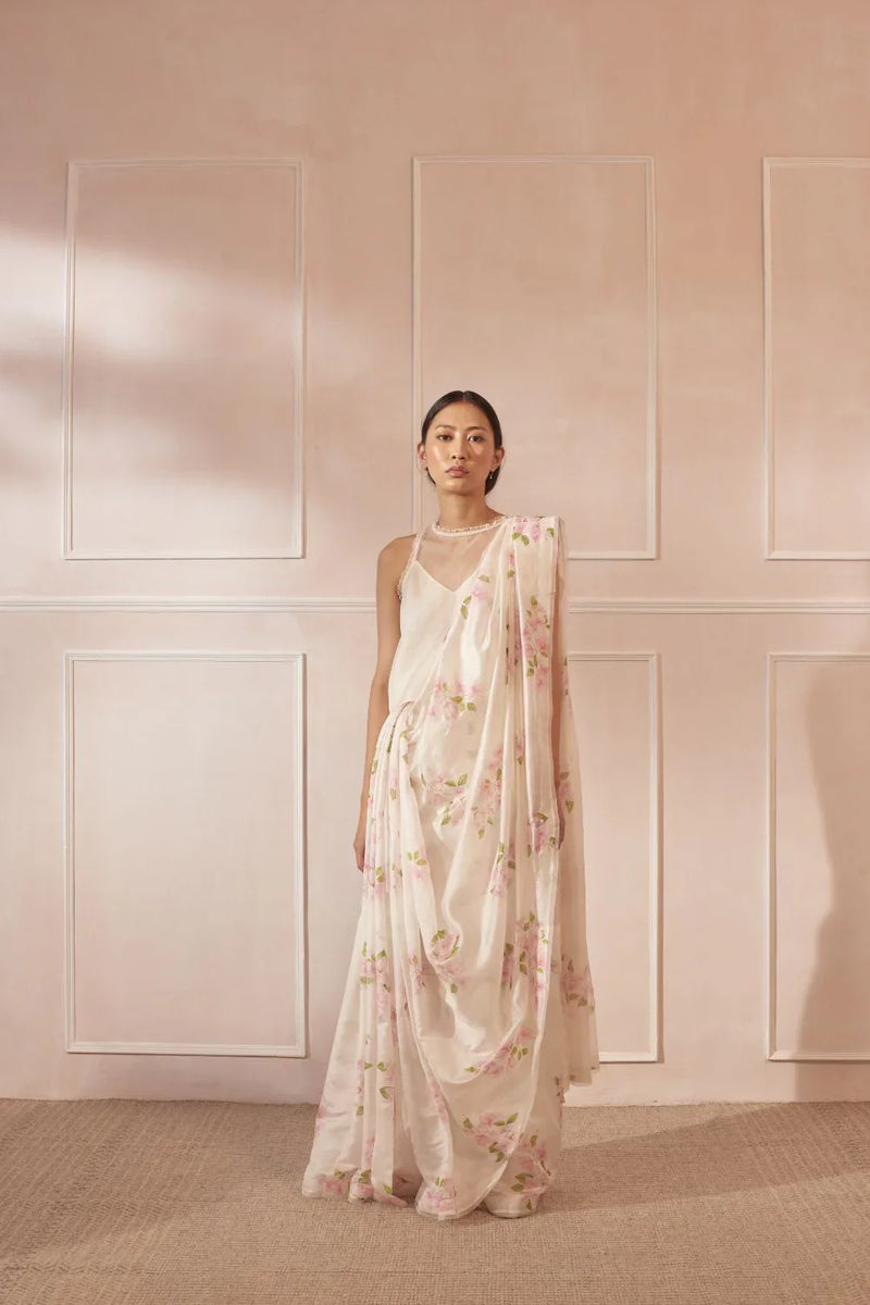 Bougainvillea Mulberry Organza Silk Sari silk by Nadiya Paar in white color for women Worldwide