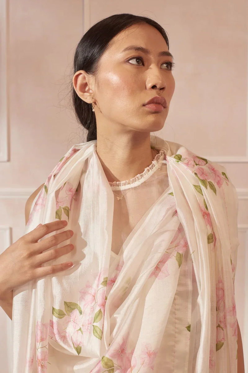 Bougainvillea Mulberry Organza Silk Sari silk by Nadiya Paar in white color for women Worldwide
