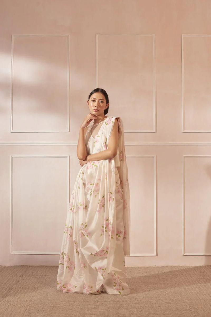 Bougainvillea Mulberry Organza Silk Sari silk by Nadiya Paar in white color for women Worldwide